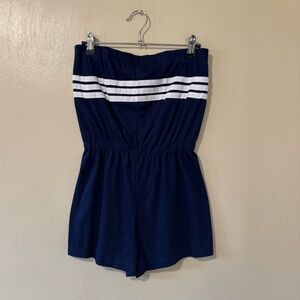 Vintage 70s navy blue and white cotton polyester romper